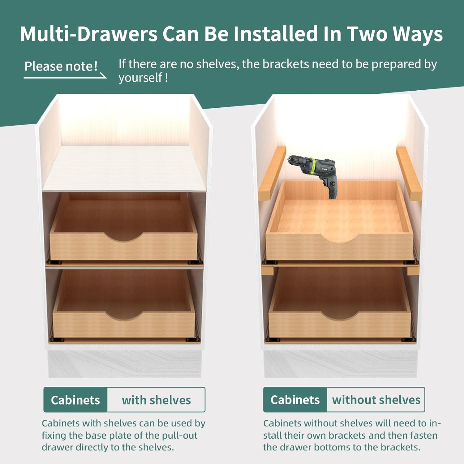 Pull Out Drawers for Kitchen Cabinets, Pull Out Cabinet Organizer, Fully Assembled Wood Cabinet Pull Out Drawer, Fast and Easy DIY Installation, 11”W x 21”D