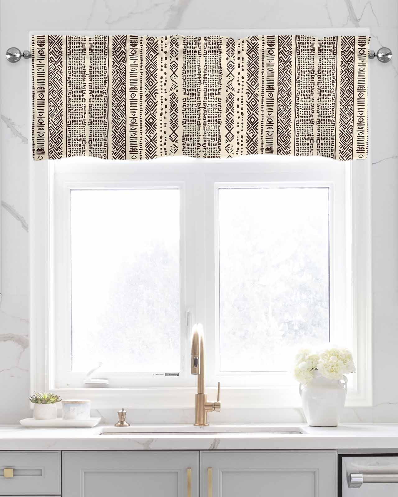Vintage Boho Kitchen Valances for Windows Farmhouse Linen Window Valance Curtain for Living Room Window Treatment Abstract Retro Geometric Striped Beige Valance Rod Pocket Topper Drape, 60 x 18 Inch