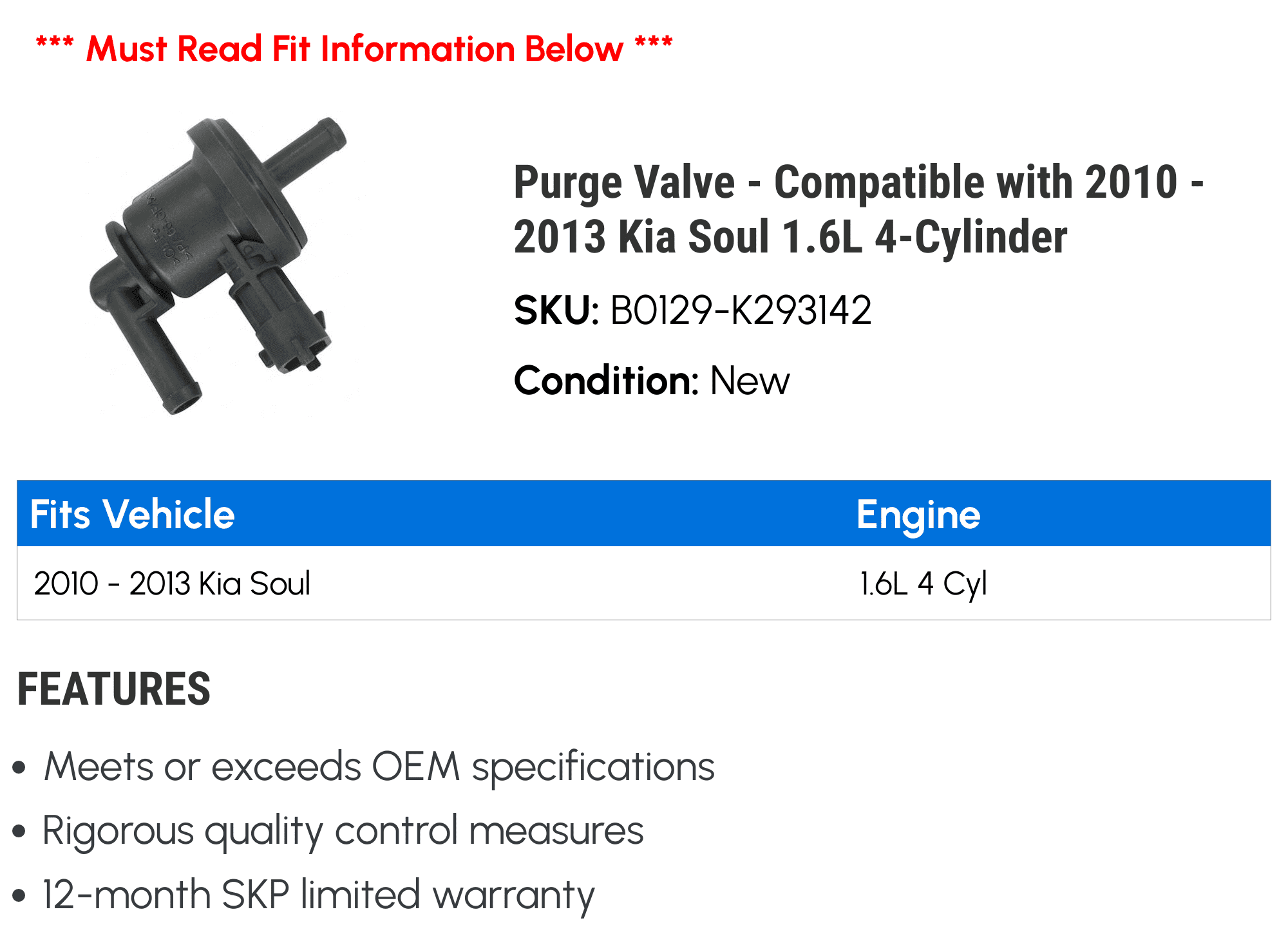 Purge Valve - Compatible with 2010 - 2013 Kia Soul 1.6L 4-Cylinder 2011 2012