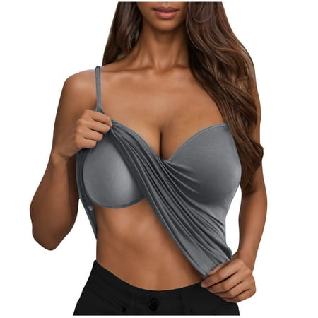 Women Plunge Deep V Neck Tanks with Build In Bra Spaghetti Straps Camis Sleeveless Tshirt Pure Color Camisole Trendy Casual Tank Top Summer Homewear