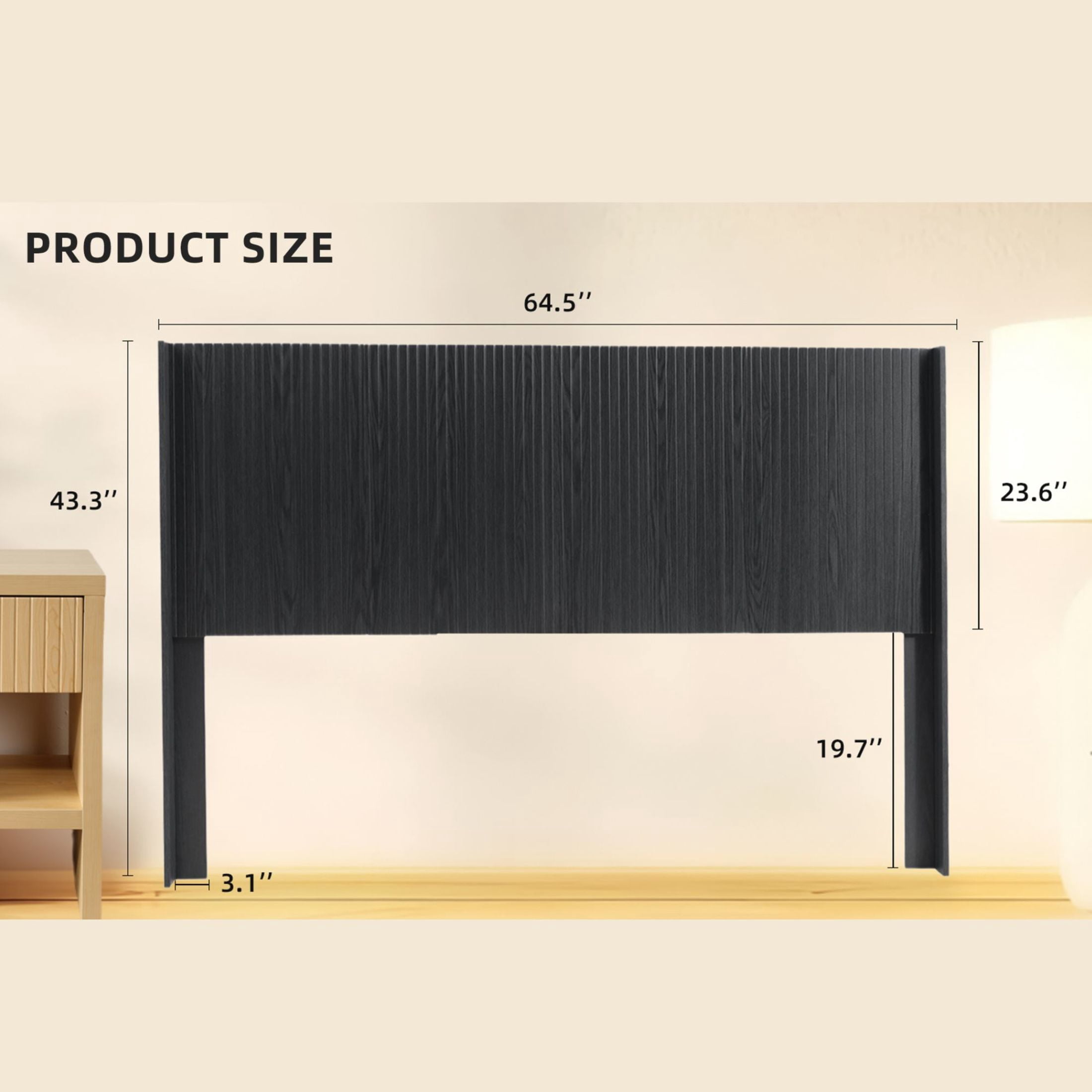 Noble House 64.4" Wood Headboard Only, Queen Size, Modern Farmhouse, Wall Mounted Fluted Panel, Black Woodgrain