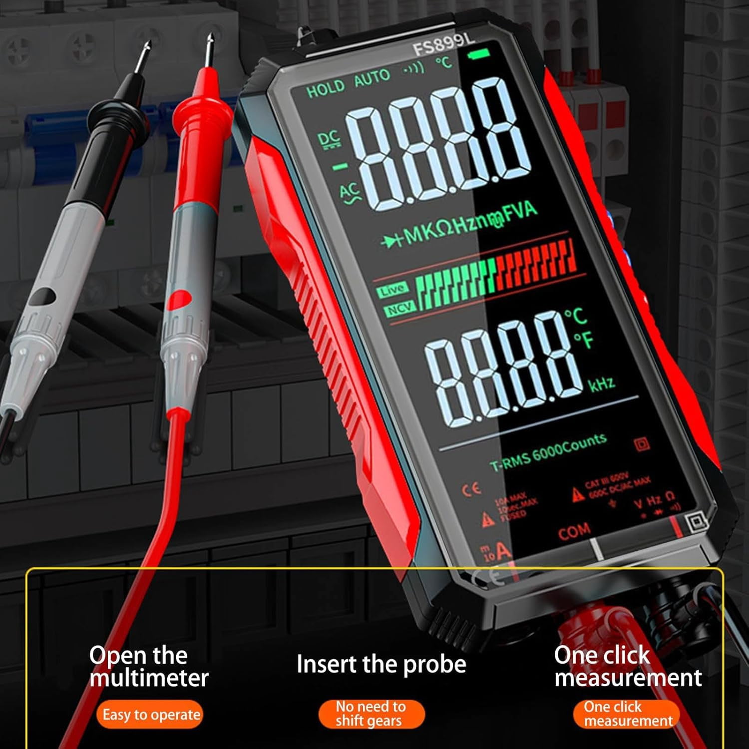 True Rms 6000-Count Digital Voltmeter, Fs899l Smart Digital Multimeter, USB Rechargeable Digital Multimeter 6000 Counts, Large Color Screen, Backlight, Multimeter Tester Auto Ranging