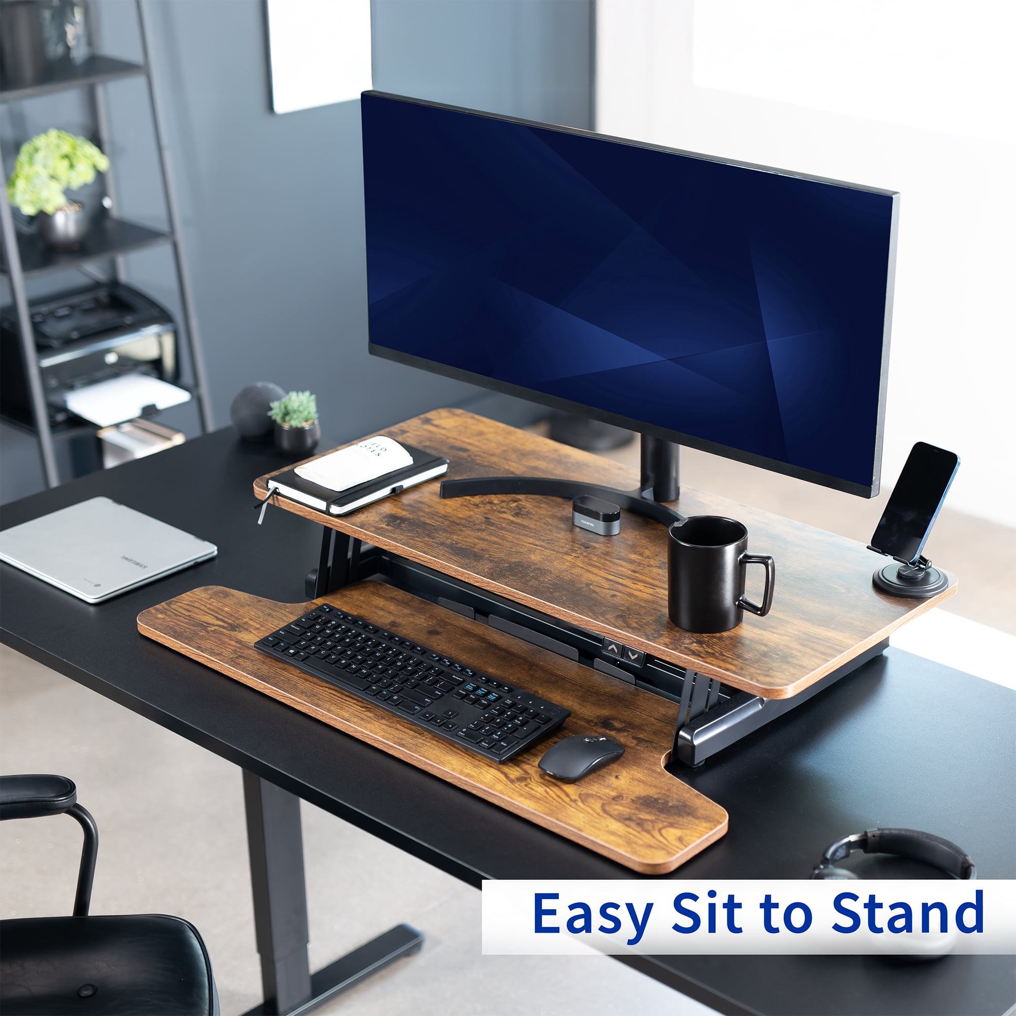 VIVO Vintage Brown Electric 36" Standing Desk Monitor Riser, Sit Stand Tabletop