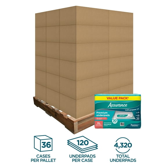 Assurance Unisex Premium Underpad for Adults, XL , Maximum Absorbency 36 Case Pallet, (120 Underpads per Case) Total 4,320 Underpads