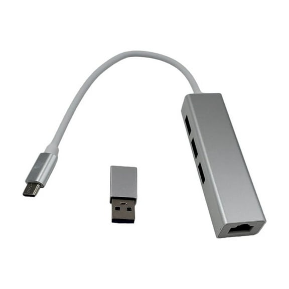CompuCablePlus 4-in-2 USB-C Hub – USB-C to 3 USB-A Ports and 1 RJ45 Ethernet LAN Network Adapter