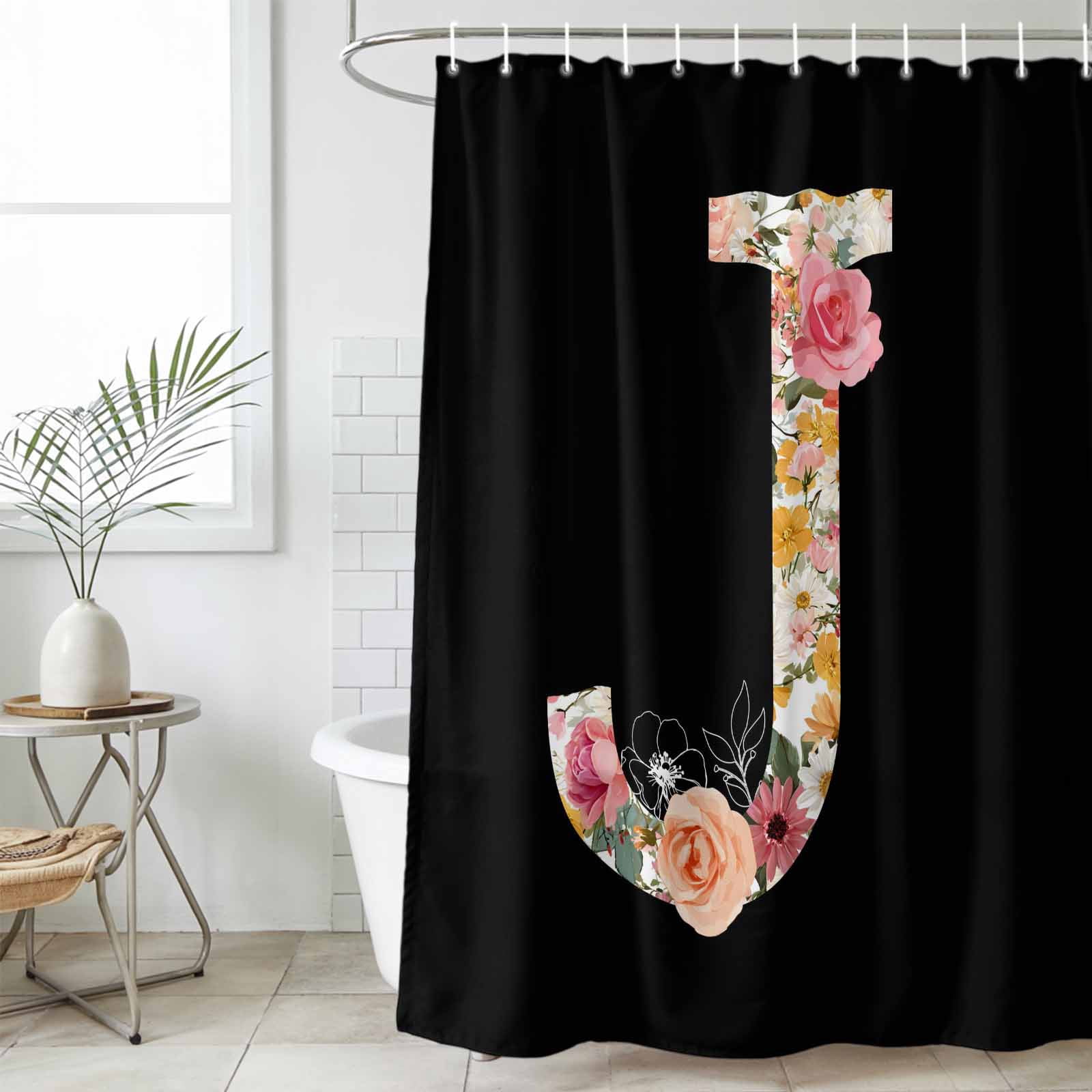 Black Letter J Flower Bathroom Shower Curtains with Hooks, Watercolor Alphabet J Pink Beige Floral Leaf Waterproof Fabric Washable Shower Curtain for Home Hotel Bathtub Decor 72x72 Inch