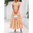 thumbnail image 6 of Orange Blossom Floral V-Neck Short Sleeve Elastic Waist Maxi Dress Casual, 6 of 30