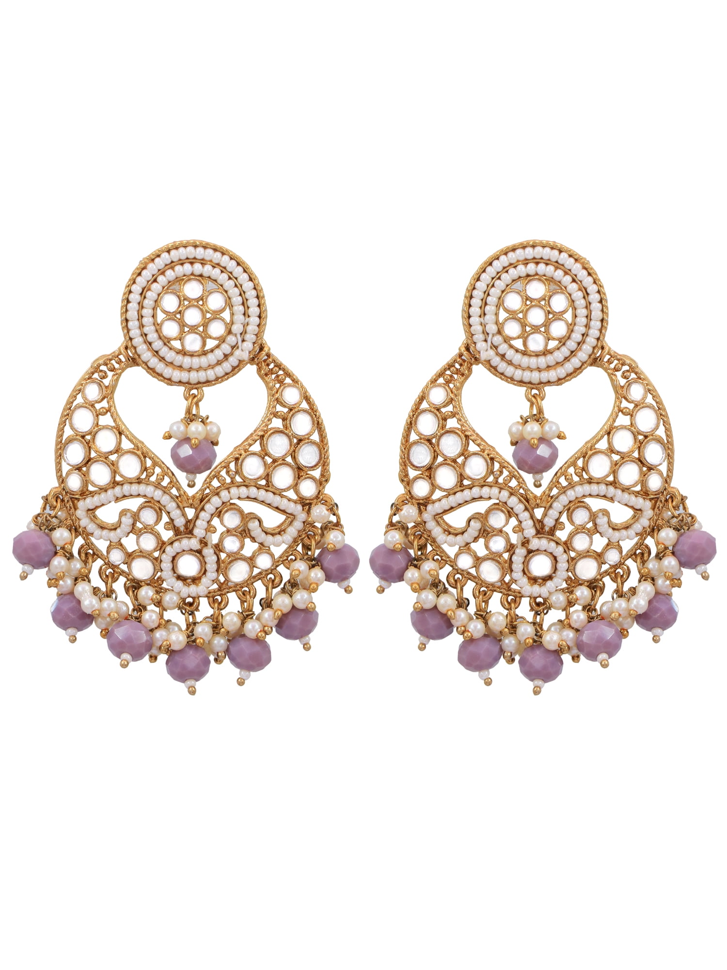 Crunchy Fashion Bollywood Jewellery Traditional Ethnic Bridal Bride Wedding Bridesmaid Gold-Plated Concentric Texture Stone Design Purple Pearl Dangler Earrings