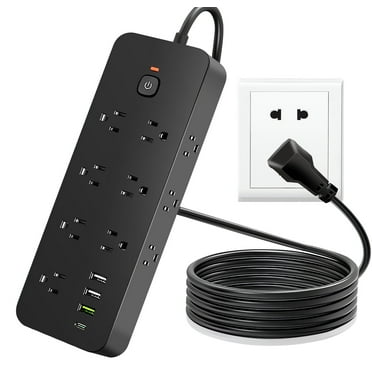 Power Strip Surge Protector, Meromore Flat Plug Extension Cord 10FT with 13 Outlets 4 USB Charger, 1875J Protection Multiple Outlets Charging Station for Home, Office, College Dorm Room