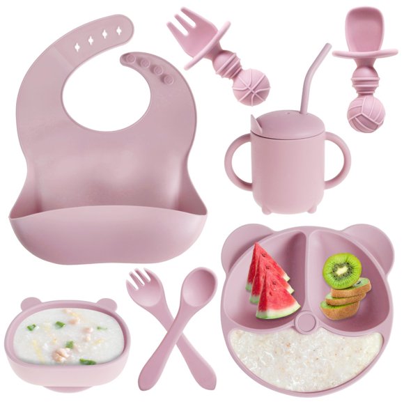 OUSITAID 8 Piece Silicone Baby Feeding Set Baby Led Weaning Supplies Self Feeding Eating Utensils Divided Suction Plate  Bowl  and a Sippy Cup with 2 Spoon  2 folks  Adjustable Bib