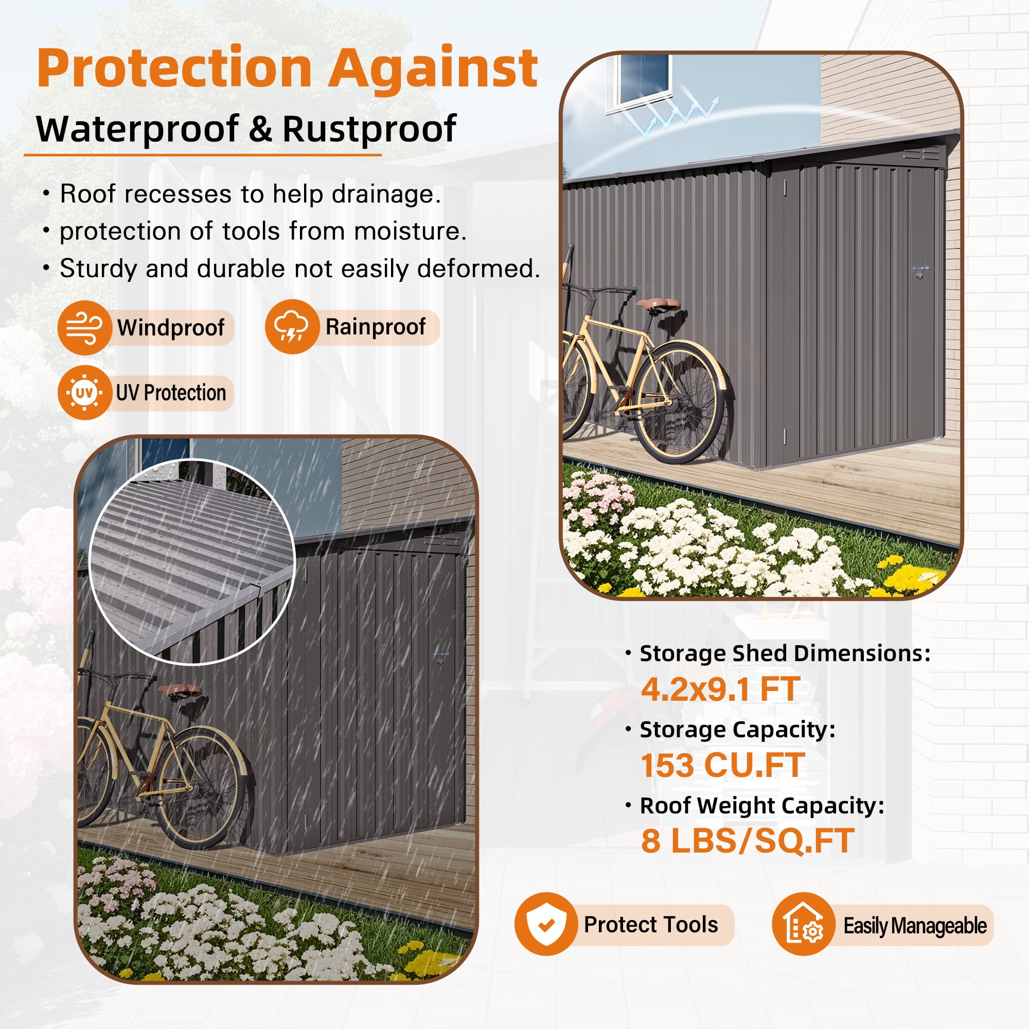 9ft Outdoor Storage Shed, Waterproof Garden Tool Shed, Space-saving Lean-to Shed Wall Side Design, Sloping Roof, Reinforced Frame, with Window and 6 Air Vents, Lockable Patio Shed for Backyard