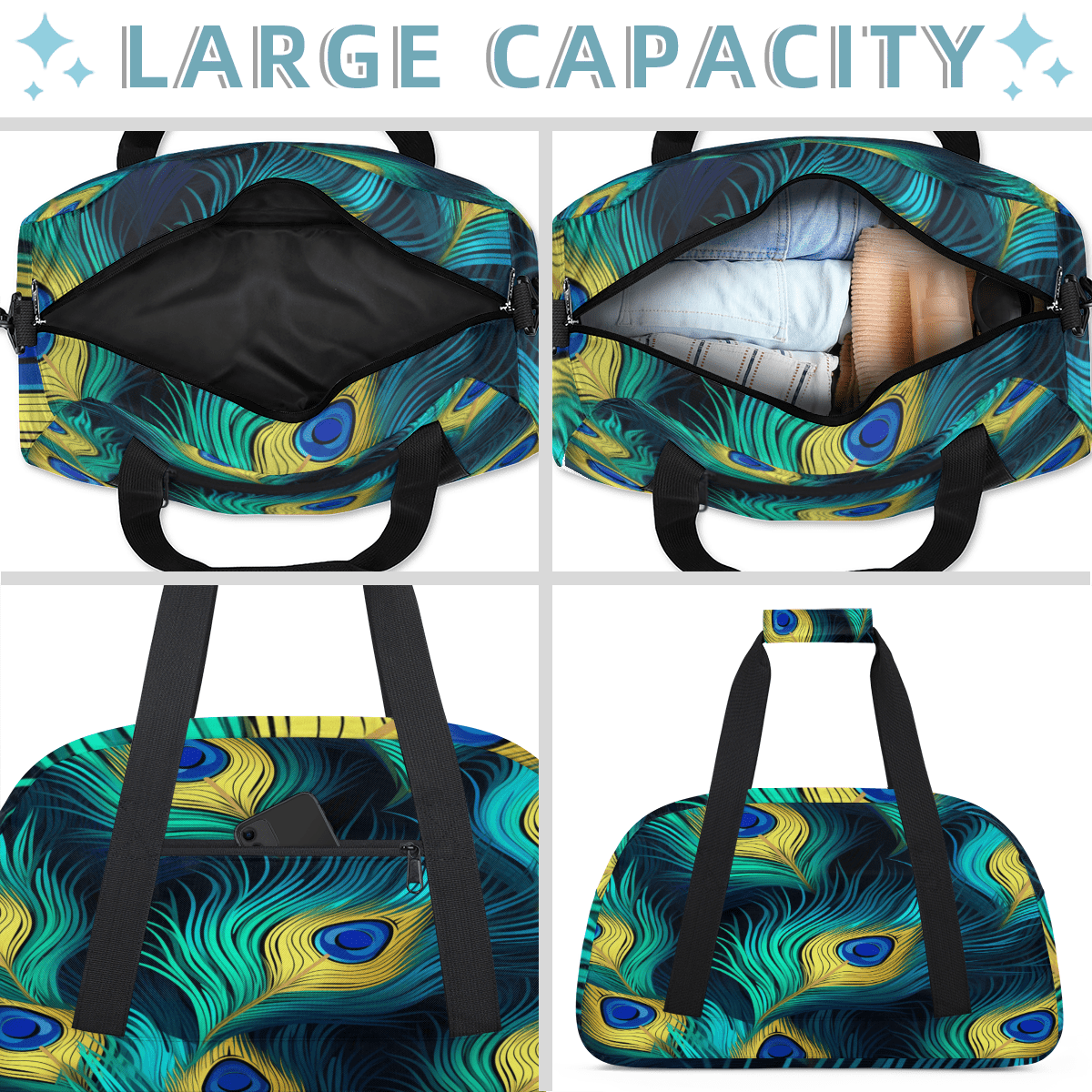 Herdesigns Peacock Bird Feathers Sports Duffle Bag for Women & Men, Gym Bag Dance Bag Overnight Bag Carry On Weekender Travel Bag