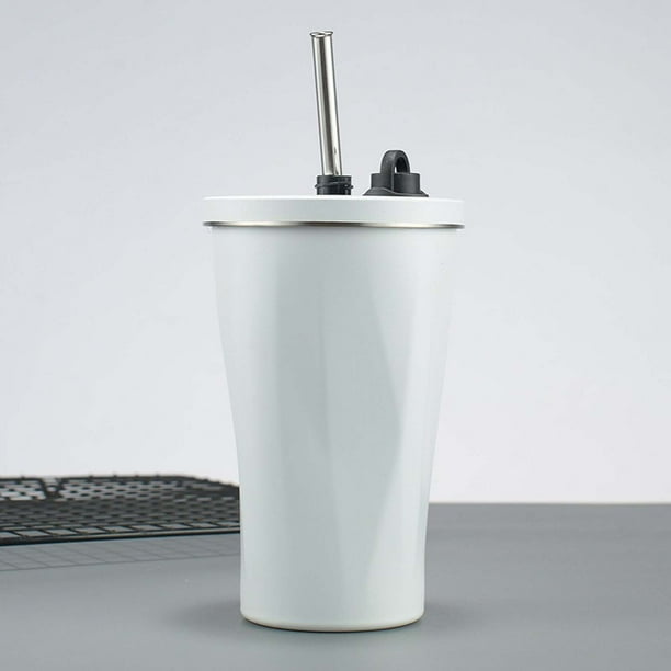 Vaso de acero inoxidable con pajita y tapa abatible | Vaso aislado al vacío de 600 ml para bebidas frías y calientes | Botella de agua portátil para coche, oficina, escuela y viajes