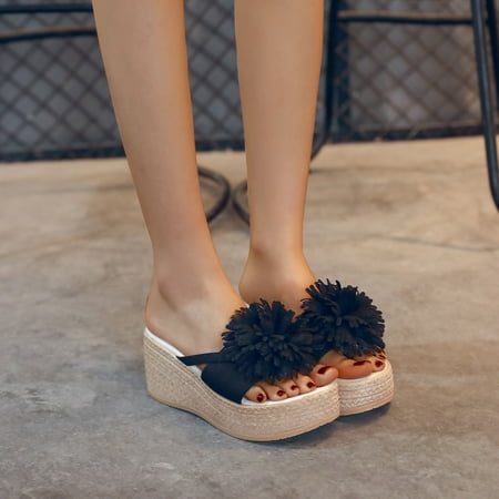 

〖Yilirongyumm〗 Black 37 Sandals Women Spring Slope Ladies Heels Fabric And Fashion Thick Sandals Summer And Platform Bottom Flowers Slippers Women s Sandals