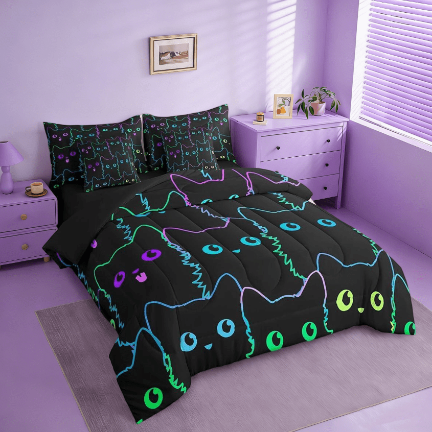 Manfei Cute Cat 7pcs Bedding Comforter Set,Cute Kitten Animal Colorful Queen Bedding Sets For Kawaii Cat Lover Reversible
