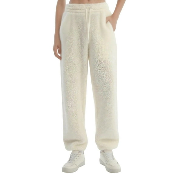 KeShDi Wide Leg Womens Pants Plus Size sweatpants Womens Solid Color Drawstring Furry Casual Warm Wide-leg Trousers Beige S