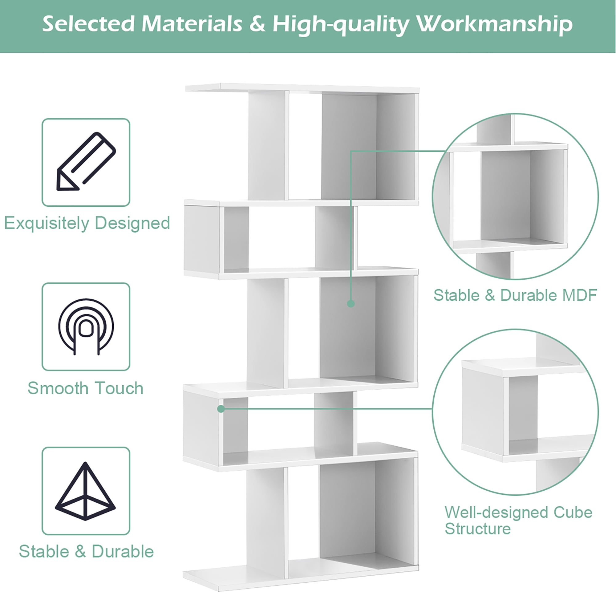 Gymax 2 PCS 5 Cubes Ladder Shelf Freestanding Bookshelf Display Rack Bookcase White