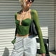 thumbnail image 3 of Top corto de manga larga para mujer, Top plisado con escote en el pecho, Top de verano con cuello Halter a la moda para citas y compras, 3 of 7