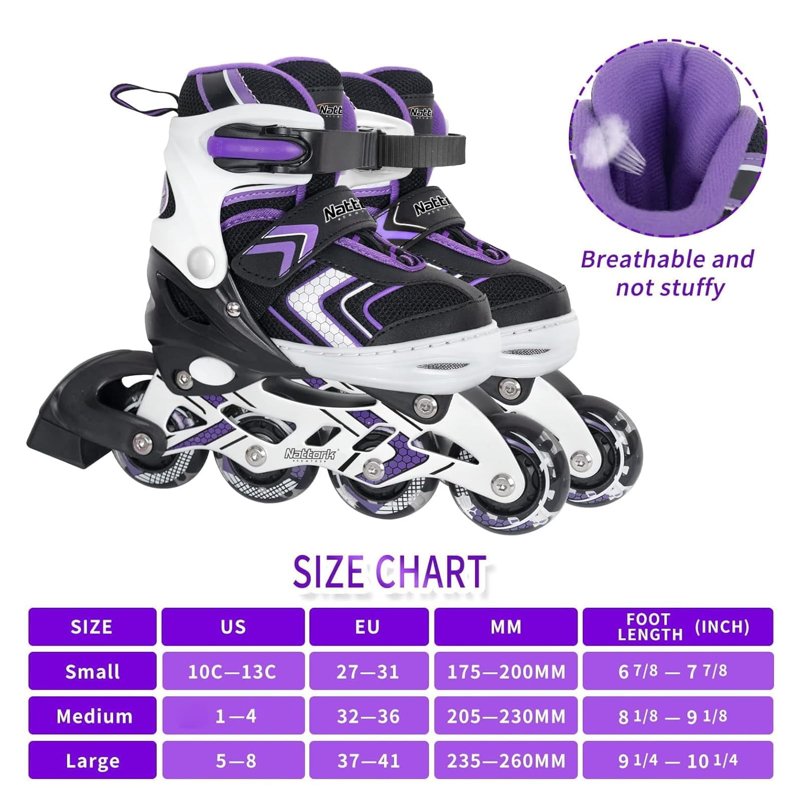 MammyGol Light Up Skates for Kids Girls Boys，Adjustable Inline Skates Youth Beginner Outdoor Purple 5-8