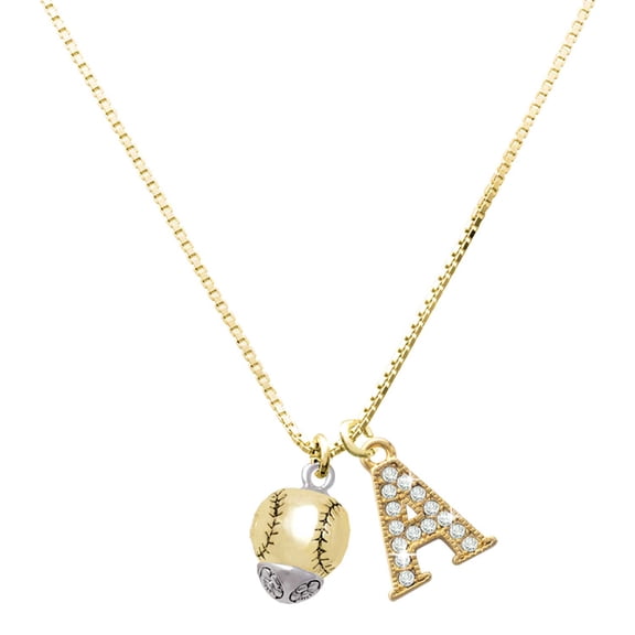 Delight Jewelry Gold-tone Baseball/Softball Spinner - Large Goldtone Crystal Initial - A - Charm Necklace, 17.5" 2"