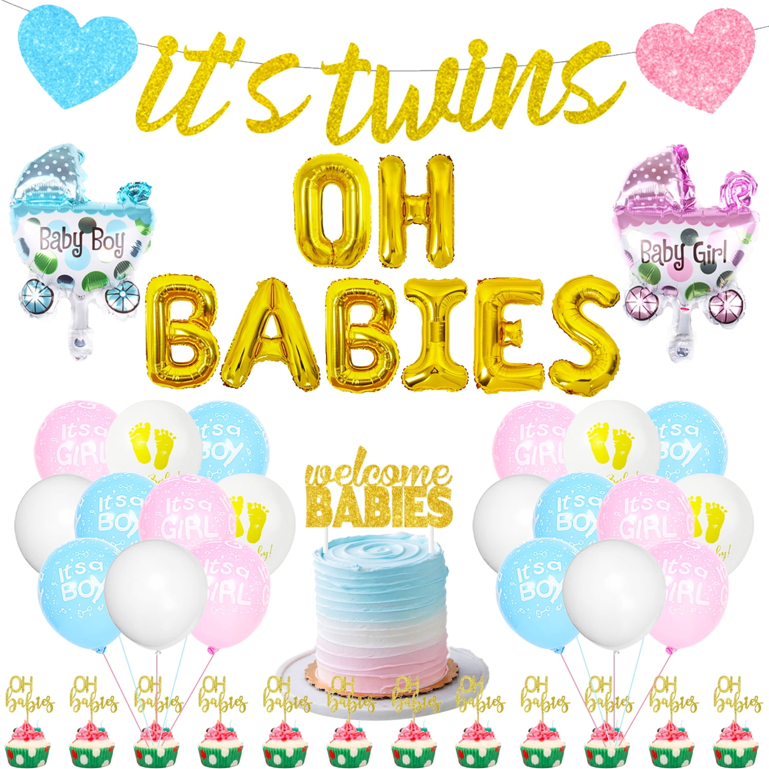 Twins Baby Shower Set, Oh Babies Twins Decorations, Glitter It's Twins Banner Pink and Blue Balloons Set, for Babies Twin Baby Shower Gender Reveal Party Supplies - Walmart.com