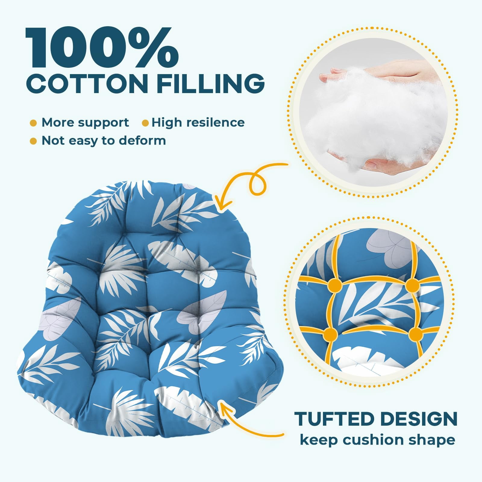 Waterproof Egg Chair Cushion Replacement Outdoor Hanging Egg Chair Cushion 47x35x7 Inches Thicken Couch Cushions with Ties, Blue Enchantress
