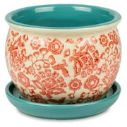 Garden & Home 7 Inch Floral Bliss Teal & Red Indoor Ceramic Planter with an Attached Saucer and Drainage Hole for Small Plants, , Flowers, Succulent Plants, Snake Plants, Plant Container, Gift