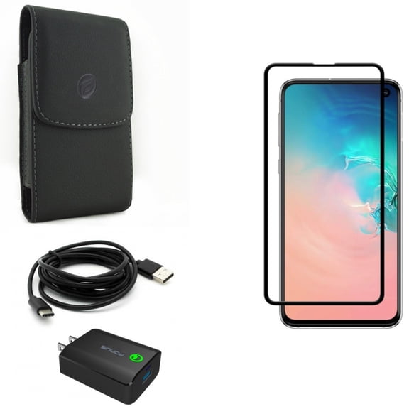 Galaxy S10e Home Charger w Screen Protector w Case Belt Clip - 18W Fast 6ft USB Cable Type-C, Tempered Glass 5D Curved Edge, Leather Holster Cover for Samsung Galaxy S10e Phone