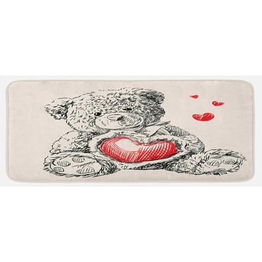 Cartoon Kitchen Mat, Detailed Teddy Bear Drawing with Heart Instead of a Belly Mini Floating Hearts, Plush Decorative Kitchen Mat with Non Slip Backing, 47" X 19", Red Black White, by Ambesonne