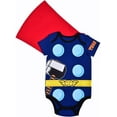 thumbnail image 3 of Avengers Short Sleeve Onesie with Cap, Thor Bodysuit with Cape, Baby Costume Romper, Navy, Size NB, 3 of 7