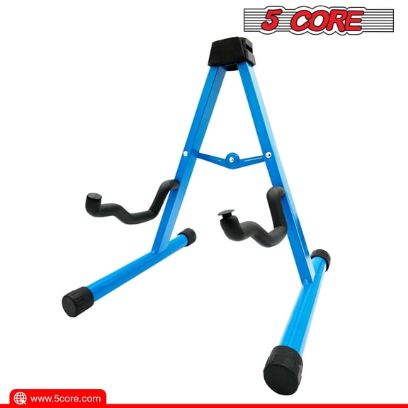 5 CORE Guitar Stand Pair Electric Acoustic Bass Banjo Stands Strong Metal Heavy Duty A-Frame Folding Guitar Holder with Padded Foam Sleeves Blue - GSS BLU 2PCS