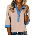 thumbnail image 2 of Collared Polo Shirts for Women Vintage Color Block 3/4 Sleeve Tops Patchwork Work Henley Shirts Casual Pullover Beige L, 2 of 4