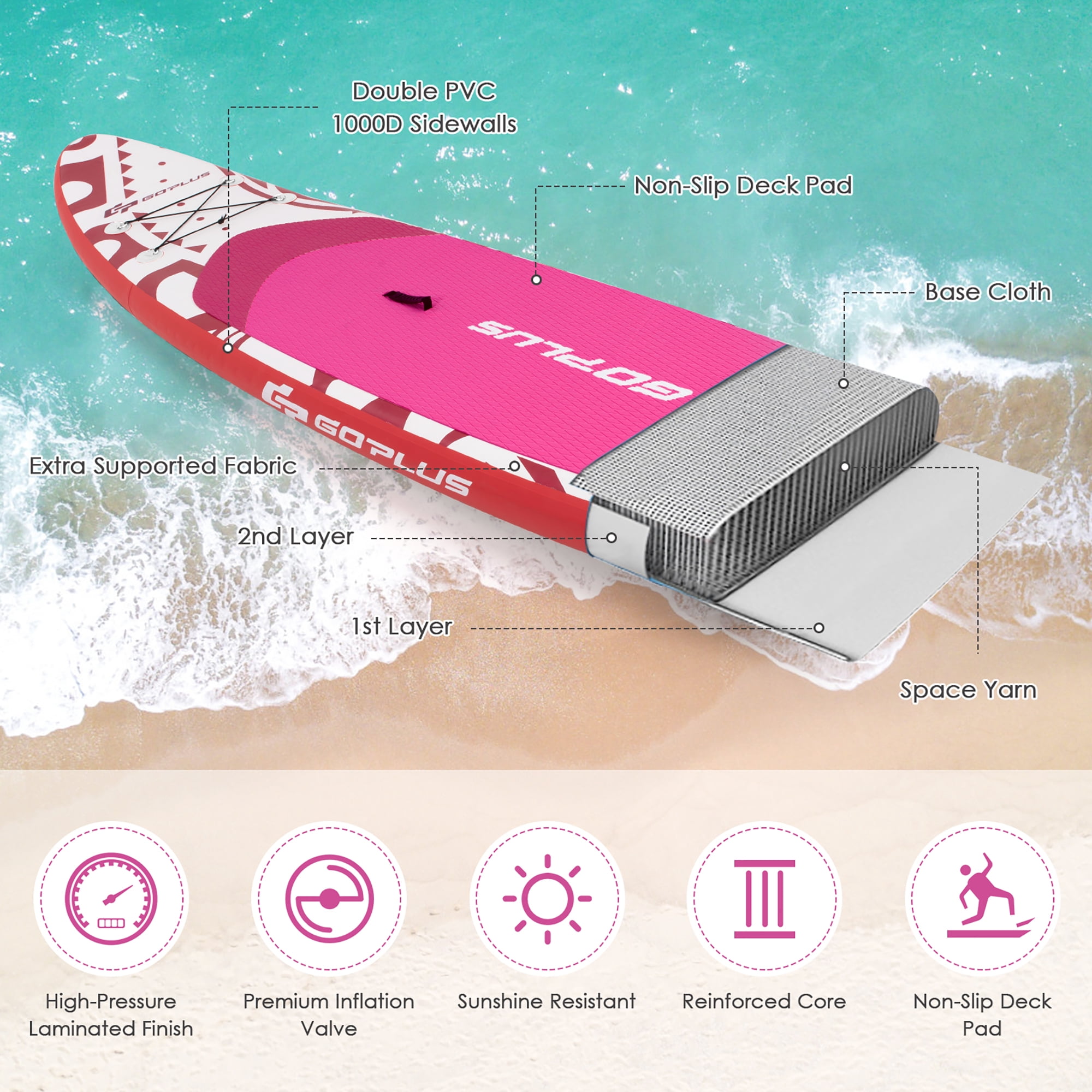 Goplus 11' Inflatable Stand Up Paddle Board SUP W/ Carrying Bag Aluminum Paddle Pink