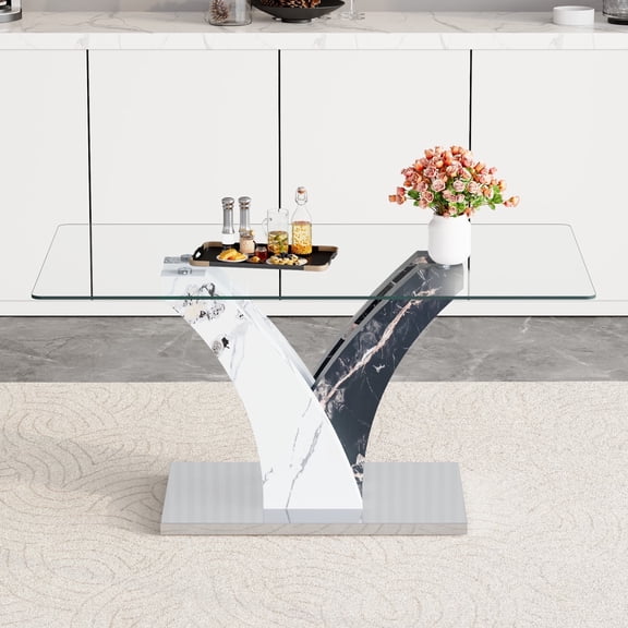 TesNus Dining Table 63 inch Rectangular Tempered Glass Top MDF Base Wood Legs Seats 6 Dining Room Dinner Furniture