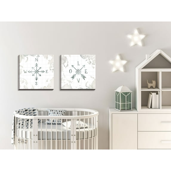 Gango Home Decor Watercolor Wanderlust Adventure Wall Art; Two Black & White 16x16in Hand-Stretched Canvases