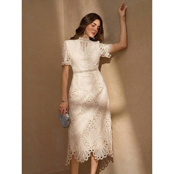Apricot Floral Lace High Neck Short Sleeve Sheath Midi Dress