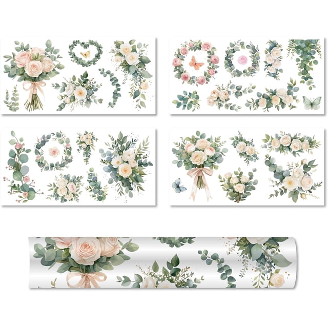 4 hojas de flores transferibles para muebles, manualidades, pegatinas de transferencia con diseño floral de rosas rosas, calcomanías vintage impermeables.