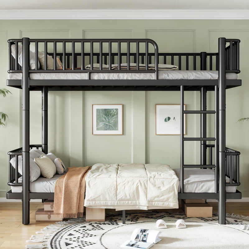 Twin XL-over-Twin XL Teens Bunk Bed Can Transformed into 2 Platform Beds, Metal Kids Bed Frame with Round-Pipe, Ladder & Guardrails