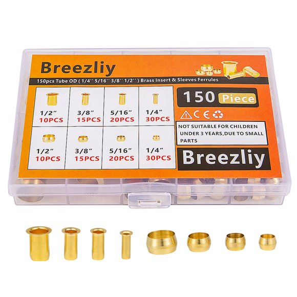 Breezliy 150PCS Tube OD(1/4" 5/16" 3/8" 1/2") Brass Compression Sleeves Ferrules & Insert,4 Sizes Brass Compression Fitting Assortment Kit