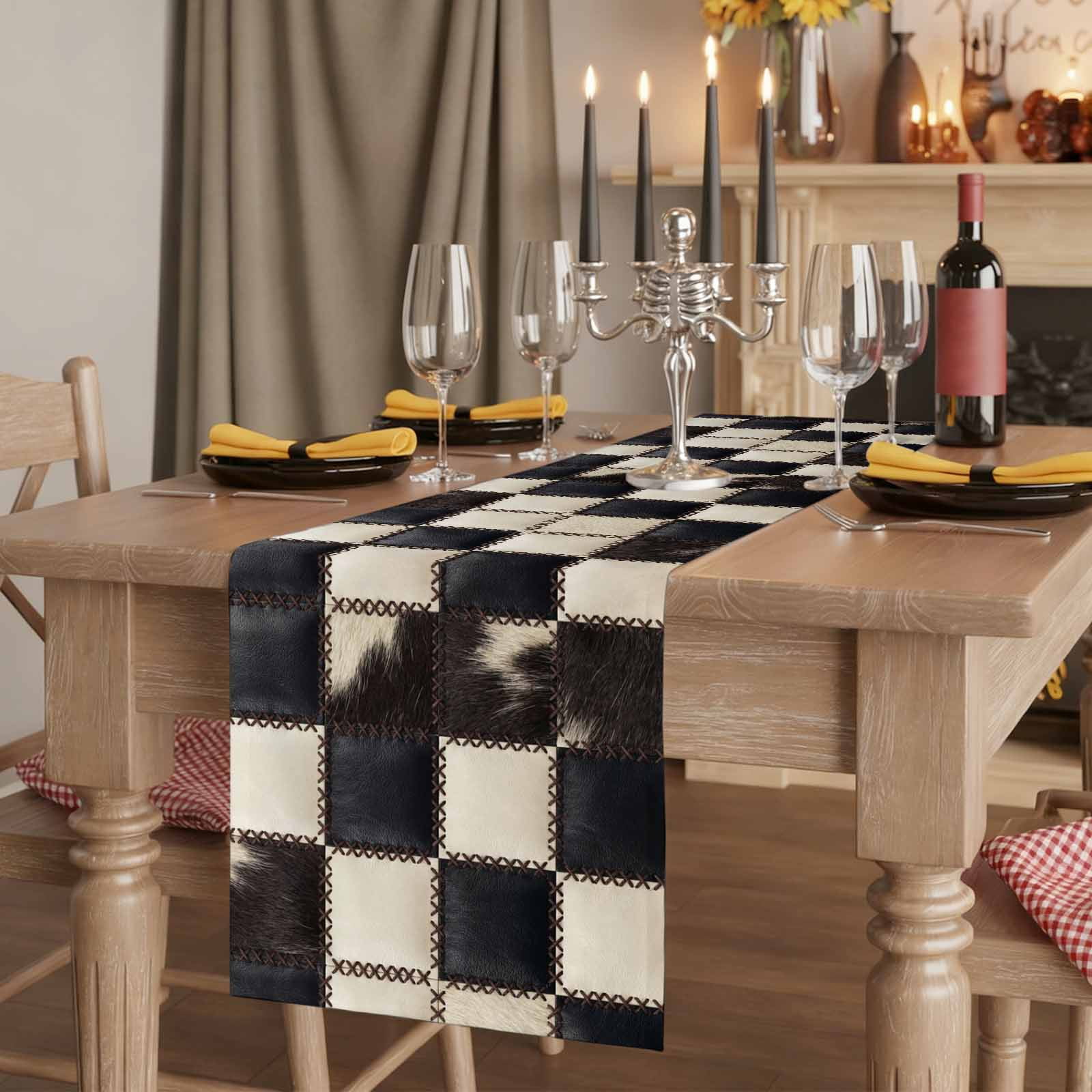 Leather Patchwork Table Runner 18x72 Inch Country Farmhouse Black White Brown Plaid Checkered Cotton Linen Dining Table Runner Ideal for Dresser Kitchen Coffee Tables - Machine Washable