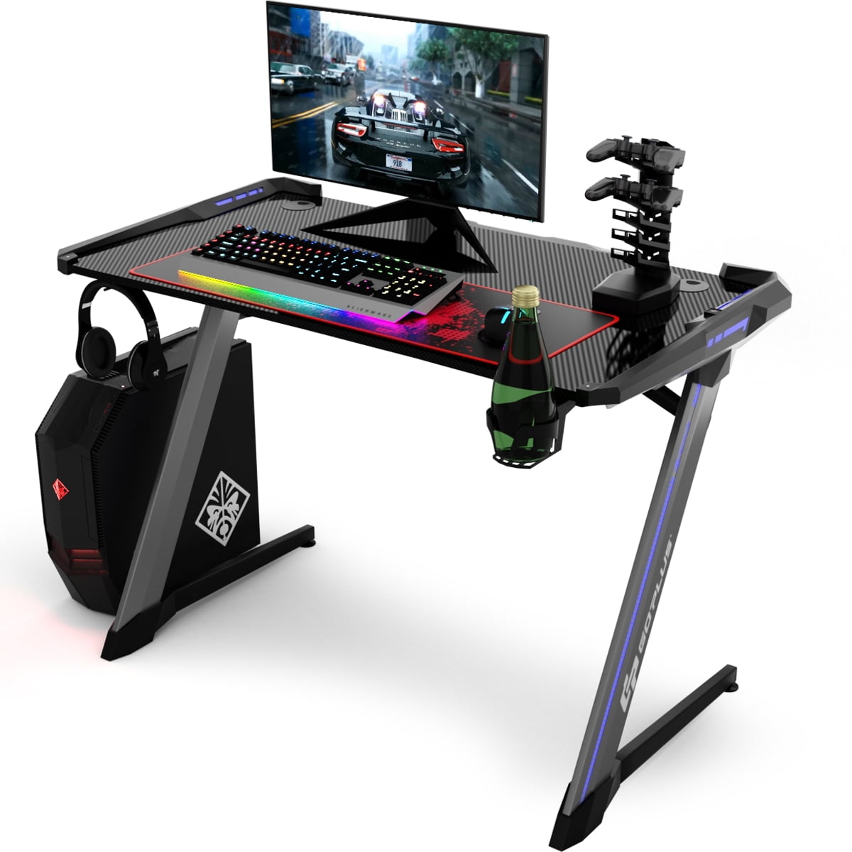 Costway Z Shaped Gaming Computer Desk Rgb Led Lights W Usb Handle