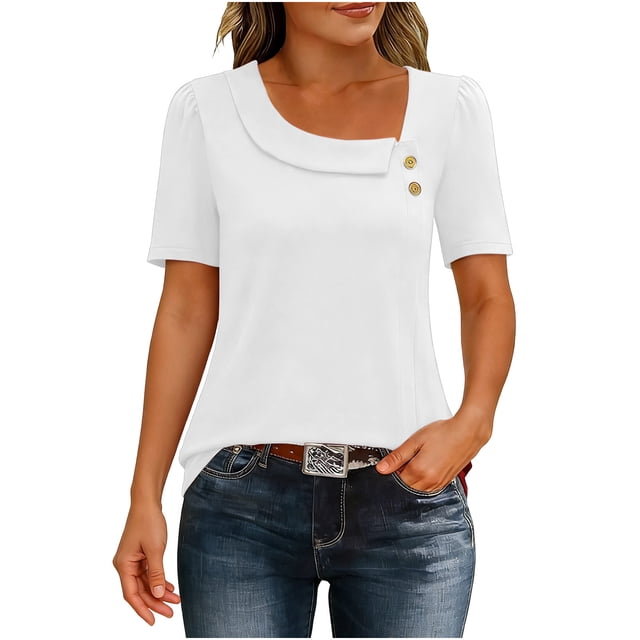 Tops de Mujer Casual Color Sólido Manga Corta Botón, Blusa Elegante para Primavera Verano Diario
