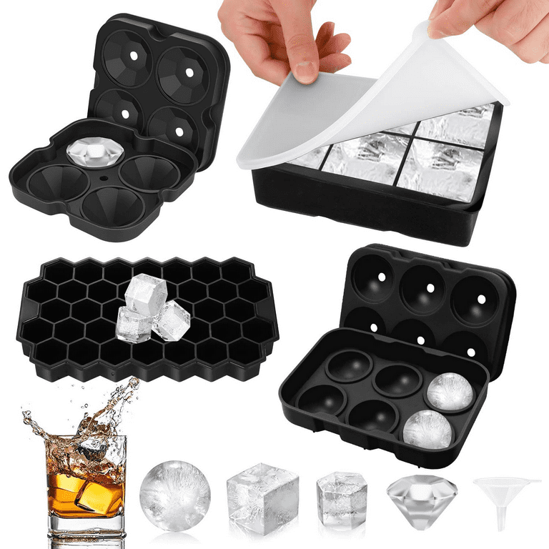 Ice Cube Tray,Silicone Ice Cube Molds for Freezer with Lid (Set of 4) -  Sphere Ice Ball, Large Square, Diamond Cut & Hexagonal Shapes Ice Maker for  Whiskey,Reusable and BPA Free 