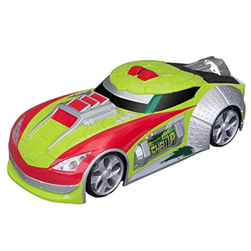 teenage mutant ninja turtles raphael coche - ooze booster Nuevo en caja, vista 3/4 frontal de coche motorizado de Raphael con luces y sonidos; carrocería deportiva verde lima y roja, parabrisas negro, llantas plateadas y calcomanía lateral; botón superior visible para activar música, efectos de lucha y caballito con cohete de exudado; también apto para exhibición en colecciones.