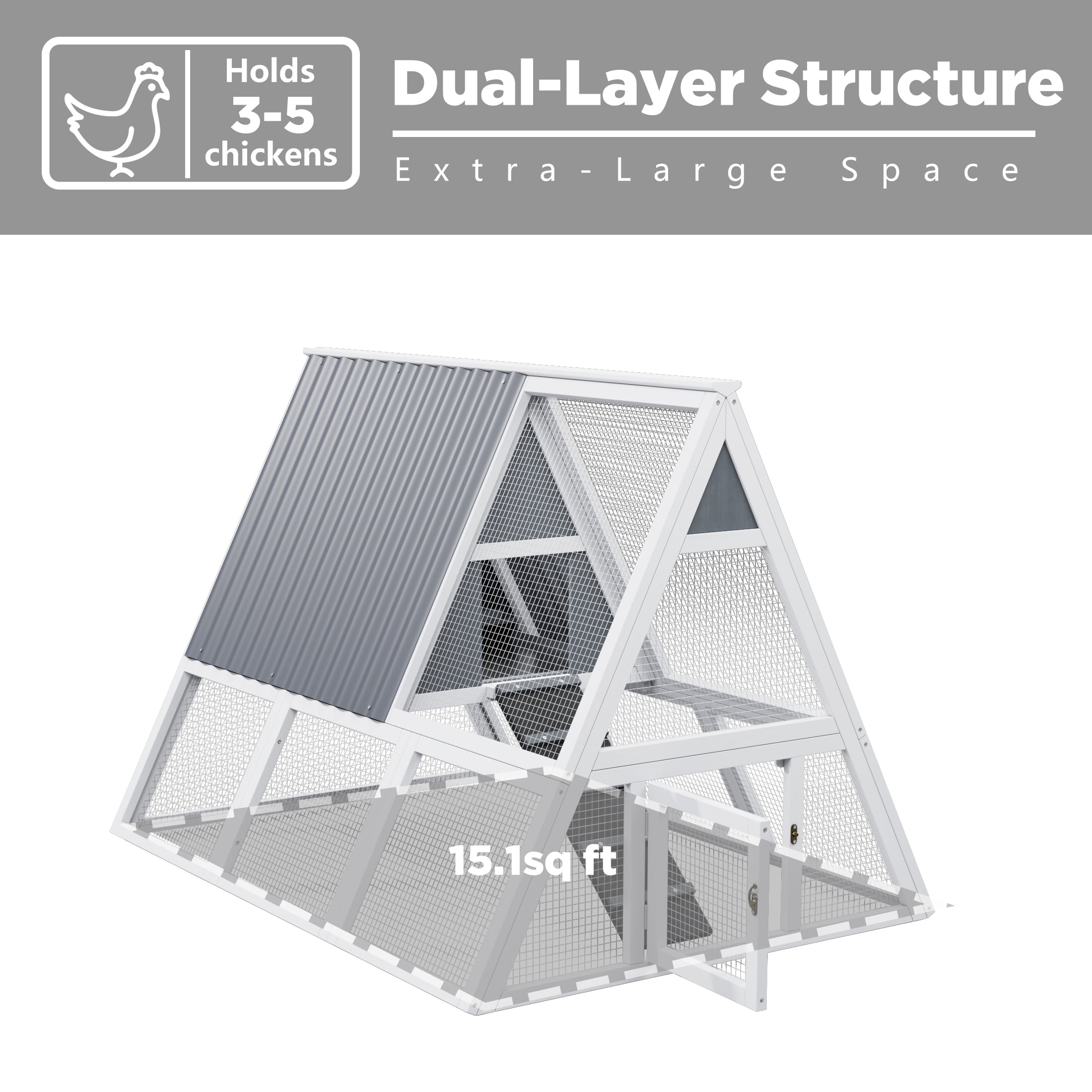Large Weatherproof Triangular Chicken Coop with Nesting Box & Tray, Spacious Run, White and Gray