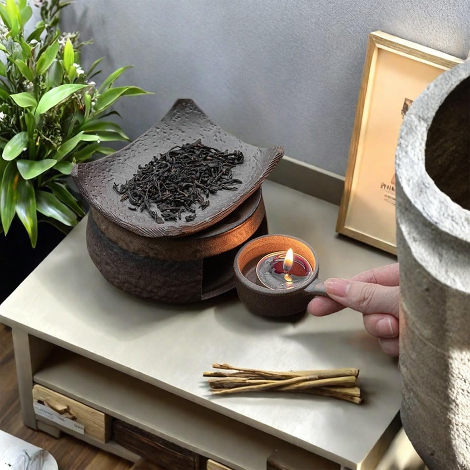 ABCISI Ceramic Aromatherapy Burner, Aromatherapy Stove Natural Oil Fragrance Diffuser, Tea Light Candle Holders Teapot Warmer, Zen Incense Burner Kit for Home Office