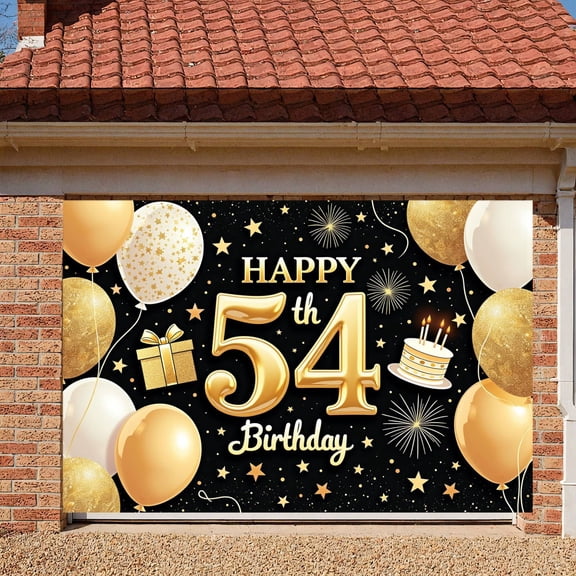 Golden Theme Happy 54th Banner Sparkling Stars Birthday Display Balloon Decor Gift Box Design 54th Backdrop for 54th Birthday Party Adult Birthday Celebration Indoor Party Decor