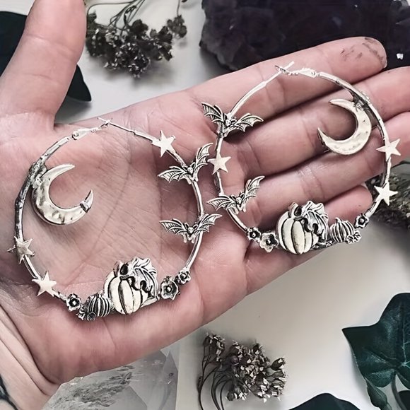 Creative Silvery Moon Bat Pumpkin Decor Hoop Earrings Retro Goth Style Alloy Jewelry Halloween Female Gift