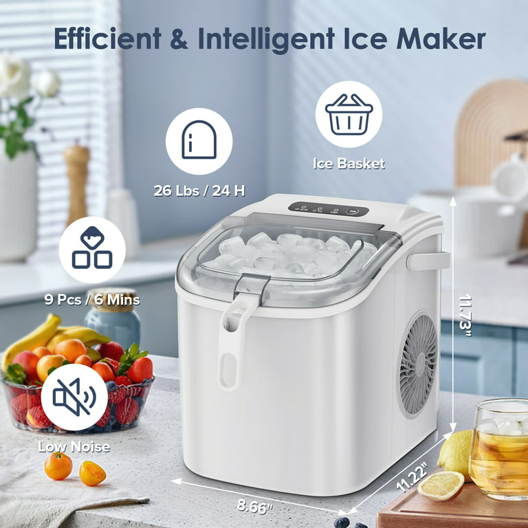 Auseo Countertop Ice Maker, Self-cleaning Portable Ice Maker Machine with  Handle and Ice Scoop, Bullet Ice Cubes, 9Pcs/8Min 26Lbs/24H for  Home/Office/Bar/Party (Black) 