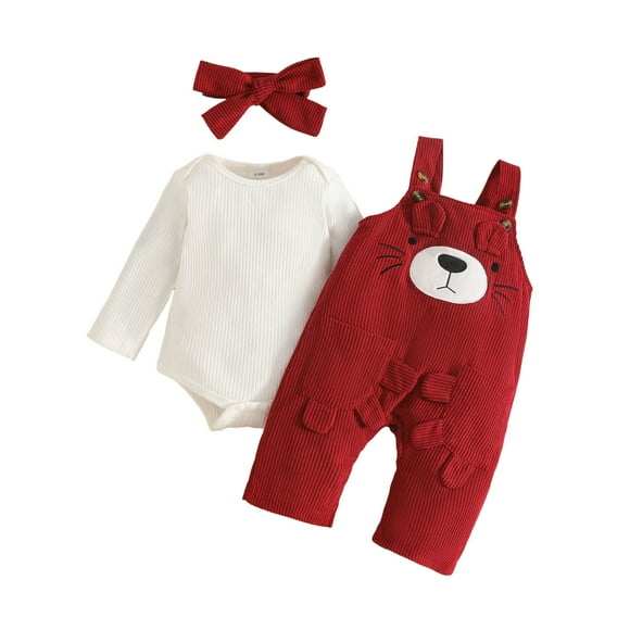 PMVFHDE Baby Girls Corduroy Overalls Set With Long Sleeve Top Cute Bear Print Toddler Outfits For Fall And Winter Season Red,6-12 Months